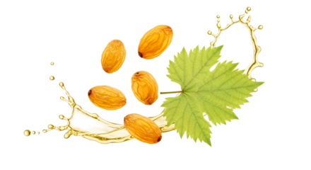 Raisins in oil splash with leaf