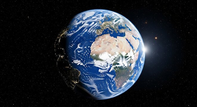 Stunning view of planet earth from space showcasing continents of africa and europe with sun glare and stars in the deep black cosmos