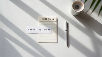 Minimalist flat lay composition with note pad, pen, and soft candlelight on clean workspace, conveying simple clarity and inspiration