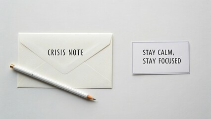 Minimalist composition featuring a crisis note envelope and an inspirational message card promoting calmness and focus