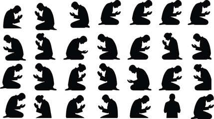 Muslim prayer silhouette set, black vector figures of men and women kneeling, isolated islamic namaz poses for ramadan kareem design, religion supplication icons collection.