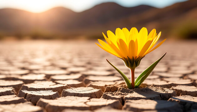 Single yellow flower finding life, growing from cracked dry earth in a desert landscape during sunset, symbolizing hope and resilience