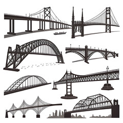 Fototapeta premium Collection of diverse bridge silhouettes against a city skyline
