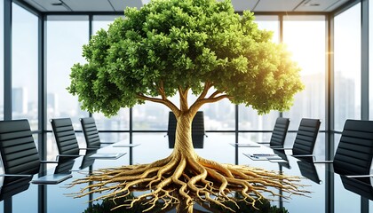 Tree with roots growing on a conference table in a modern office room, visualizing green business and sustainable corporate growth