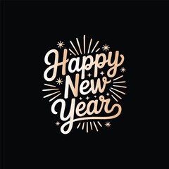 Elegant Golden "Happy New Year" Typography on Black Background, Festive Gold New Year Lettering, Sparkling New Year Calligraphy, Stylized Happy New Year Greeting.