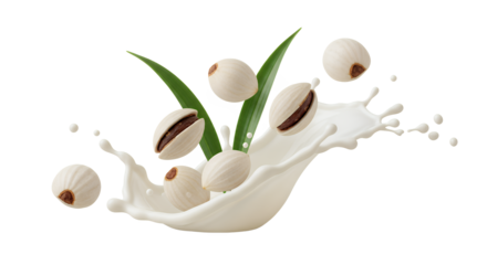 Wholesome water caltrop-like seeds and vibrant green leaves create an energetic splash in a pristine wave of rich, creamy milk, symbolizing natural freshness and healthy nutrition