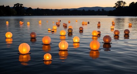 Floating lanterns illuminate a serene lake at dusk