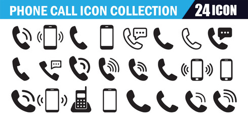 Phone call icon collection set of 24 isolated white background symbols. Modern and classic devices for communication.