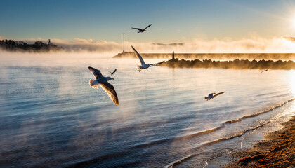 Seagulls fly over a misty ocean at sunrise near a breakwater.