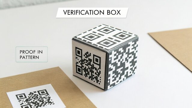 Modern Verification Box with QR Code Design on a Clean Surface Surrounded by Kraft Paper Items for Digital Authentication