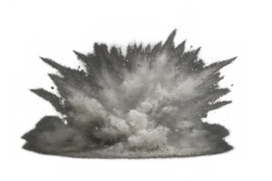 Explosion dust cloud effect with flying debris after an impact or blast, isolated on transparent background - Powered by Adobe