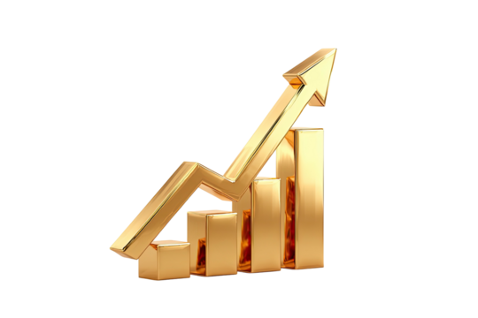 Golden bar graph shows upward trend against a black backdrop