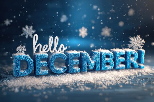 Vibrant photo of hello december greeting card with snowflakes on blue background, winter concept - Powered by Adobe