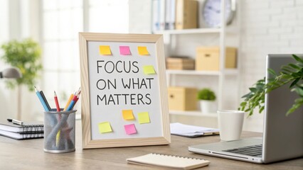 Motivational Workspace with Sticky Notes Encouraging Focus and Productivity in Bright Office Setting
