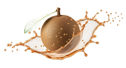 Sapodilla fruit bursting with a refreshing juice splash, isolated on white. Capturing the natural sweetness and vibrant tropical flavor, ideal for healthy drinks and culinary designs