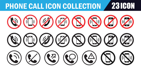 Phone call icon collection includes no call, stop using mobile device, and prohibited communication signs.