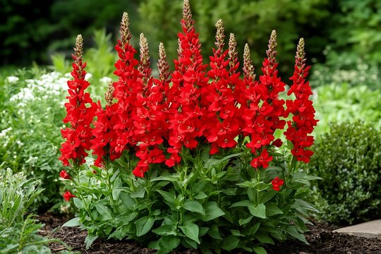 Vivid red Penstemon barbatus flowers bloom in a verdant garden setting, showcasing vibrant color