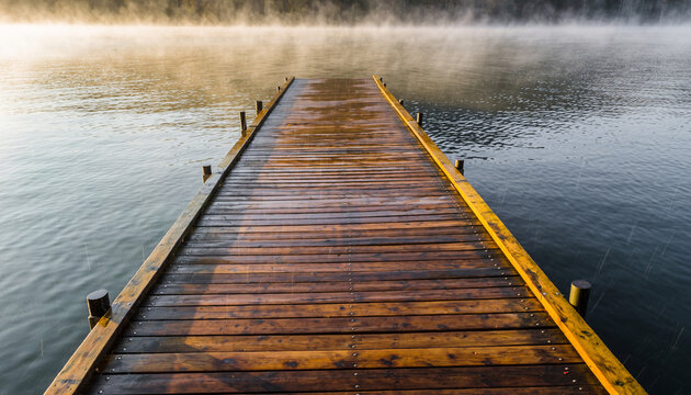 Wooden pier on a misty lake at sunrise. - Powered by Adobe
