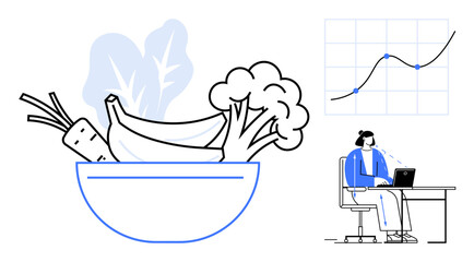 Healthy lifestyle concept. Healthy habits with fruits, vegetables, and a person analyzing data. Healthy living merged with modern analytics. For wellness, fitness, nutrition coaching, technology