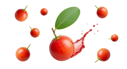 Flying fresh acerola cherries with a vibrant red juice splash and green leaf, isolated on a clean white background for a dynamic healthy food concept