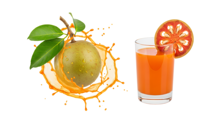 Fresh Bael Fruit Juice, Slice, and Vibrant Splash on White Background