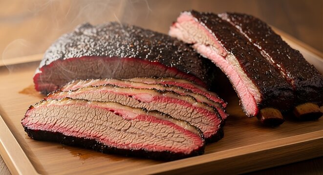 Sliced brisket on a wooden board, showcasing tender meat and crispy edges, captured from a high angle