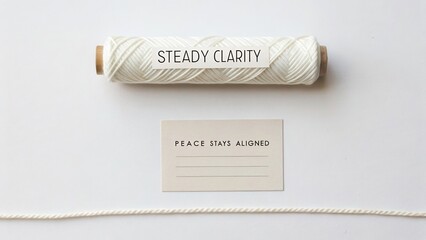 Neutral background with white twine and motivating card highlighting message of clarity and peace for inspirational themes