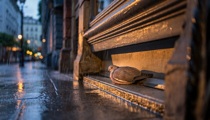Pigeon shelters from rain on a wet city street at dusk.