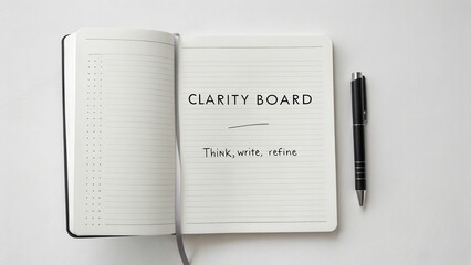 Open notebook with clarity board concept and motivational message for refining thoughts and ideas with pen on white background