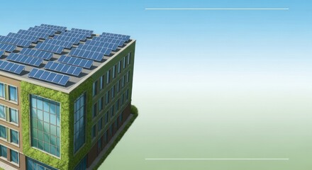 Sustainable building with solar panels and greenery for environmental preservation