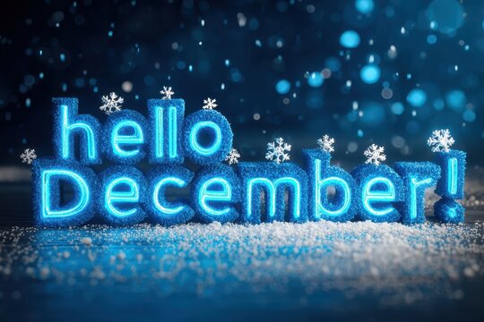 Vibrant photo of hello december greeting text with snowflakes and snow on a dark blue background