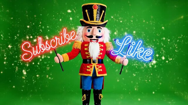 A festive nutcracker figure holding signs that say 'Subscribe' and 'Like' on a green background.