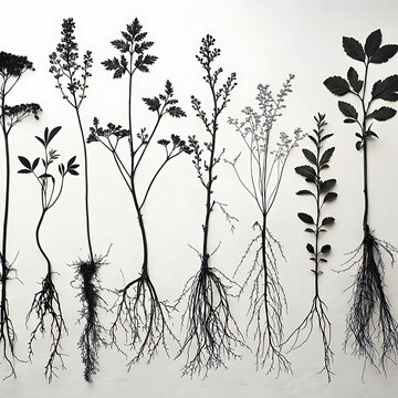 Silhouettes of plant seedlings showing root systems and growth stages