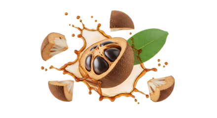 Exotic fruit splash with pieces and leaf against white background