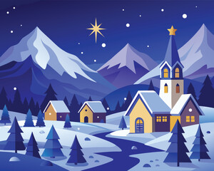 Fototapeta premium Winter village at night with snow-covered mountains and church