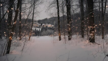 Snowy forest path leads towards a distant village with glowing lights strung on trees