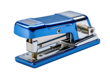 Blue stapler, shiny chrome metal, office supply on black