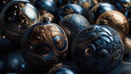 Close-up of ornate blue and gold Christmas ornaments, artfully arranged