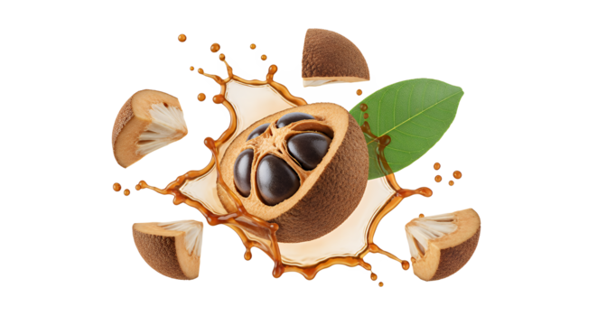 Exotic fruit splash with pieces and leaf against white background