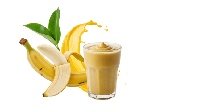 Delicious Banana Smoothie in a Glass with Fresh Bananas and Green Leaves, Healthy Refreshing Drink