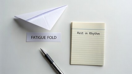 Paper plane, notepad, and pen featuring fatigue fold and rest in rhythm concept on white background