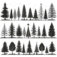 Obraz premium Collection of hand drawn silhouette christmas trees and evergreen forest