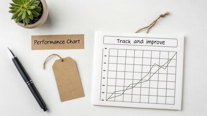 Performance chart showing growth trend with label track and improve, workspace setup with pen and tag on desk