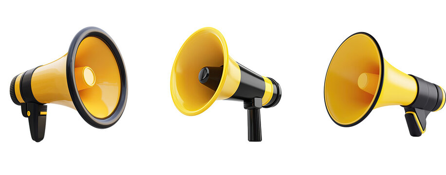Three yellow and black megaphones with a white background.