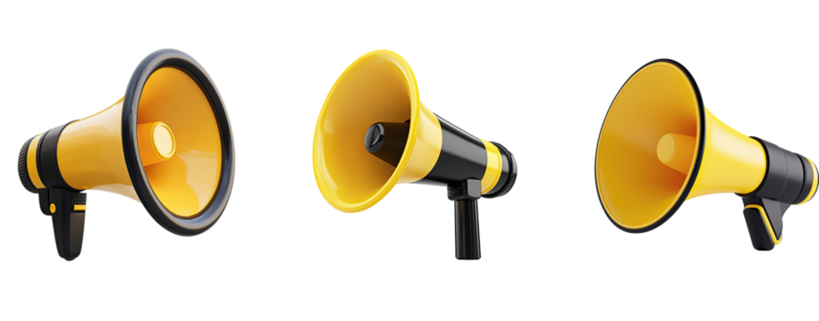 Three yellow and black megaphones with a white background.