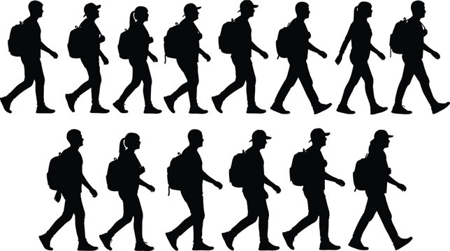 Set of black silhouettes showing men and women walking with backpacks in profile view isolated on white background for hiking travel vector illustration design art.