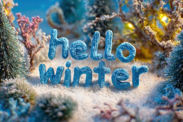 Vibrant photo of hello winter lettering on snow with christmas tree and coral decorations