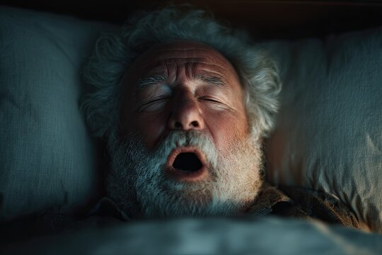 Close-up of an elderly man with a beard snoring loudly, his mouth open on a pillow.