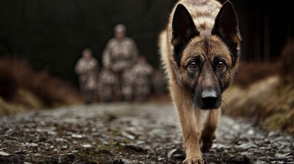 Intense German Shepherd dog leads military unit on forest path, security mission