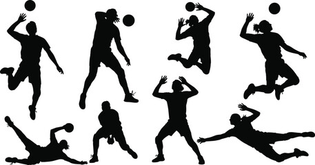 WebSet of handball player silhouettes showing men jumping, throwing, and diving with ball isolated on white background for sport competition vector illustration design art.